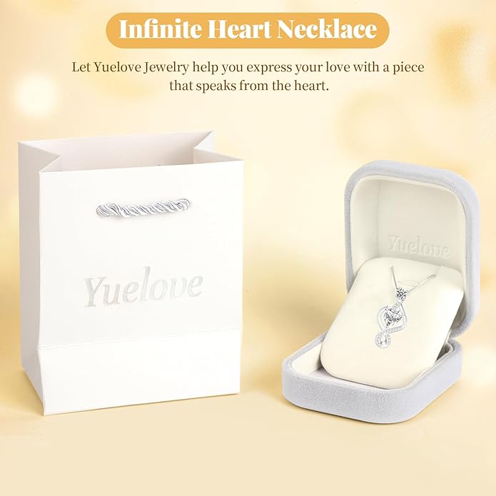 Yuelove Infinity Necklace for Women, 925 Sterling Silver Heart Necklace with 5A Zircon, White Gold Plated Adjustable Chain, Gift for Valentine's Day, Birthday, Anniversary for Wife, Girlfriend, Mom