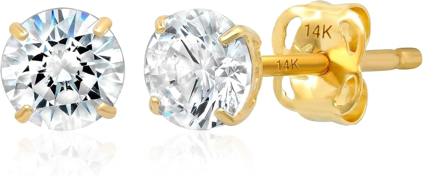 14k Gold Solitaire Round Cubic Zirconia Earrings Studs for Women & Men | Anti Tarnishing CZ Stud Earrings with 14k Gold Butterfly Pushbacks | 4MM-7.5MM by MAX + STONE