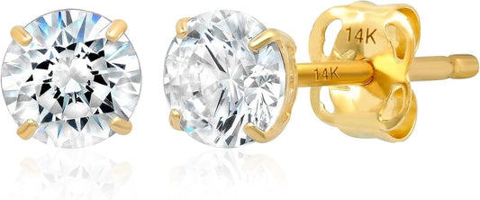 14k Gold Solitaire Round Cubic Zirconia Earrings Studs for Women & Men | Anti Tarnishing CZ Stud Earrings with 14k Gold Butterfly Pushbacks | 4MM-7.5MM by MAX + STONE