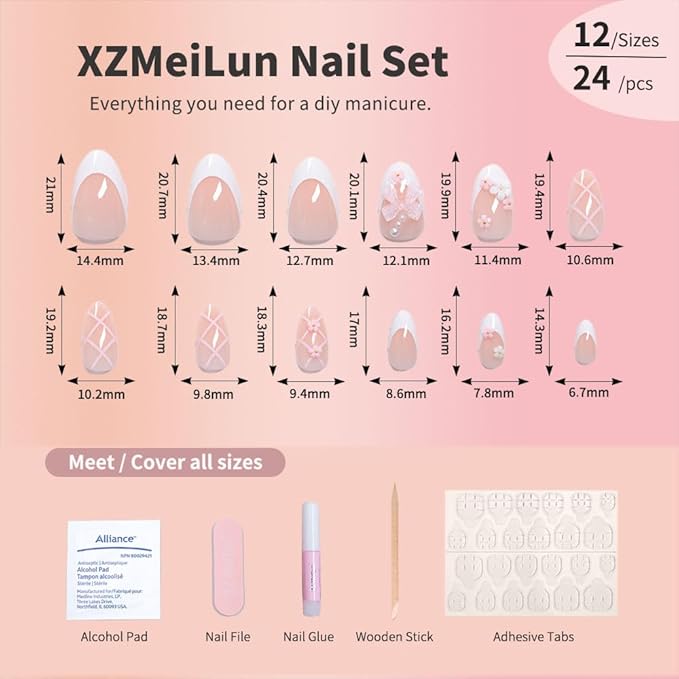 XZMeiLun Pink White French Bow Press on Nails, White Pearl Fake Nails, Almond Short Acrylic Press-Ons with Charming 3D Plaid Floral Design, Reusable Glue-On Stickers for Fall Flower Nails for Women