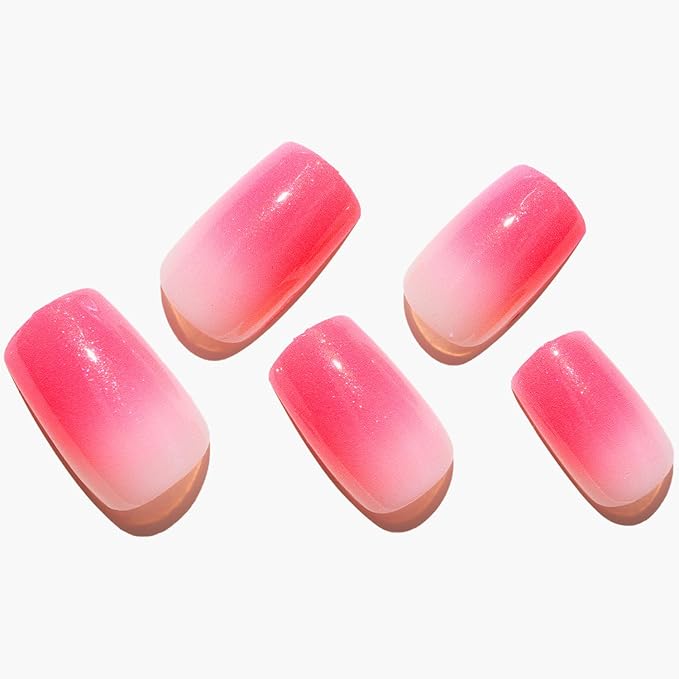 GLAMERMAID Hot Pink Crush Press on Nails Medium Square, French Tip Ombre Gel False Nals Shrimmer, Shrimmer Blush Glue on Nails Kit for Women, Reusable Stick on Acrylic Fake Nails Manicure Set