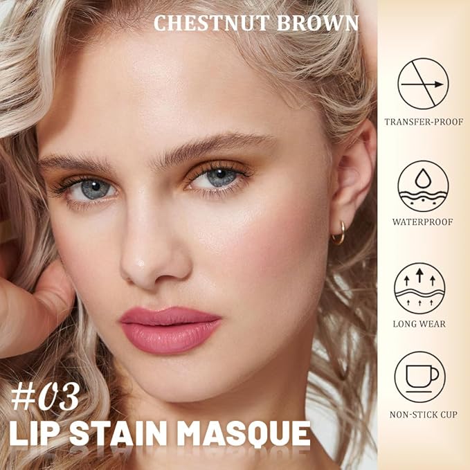 evpct Chestnut Brown Peel Off Lip Stain Tints with Tweezer, Matte Lipstick Lip Stain Long Lasting Waterproof for Women, Non-stick Cup Lipstick Peel Off High Pigmented 24 Hrs Original Lips Stains, 03