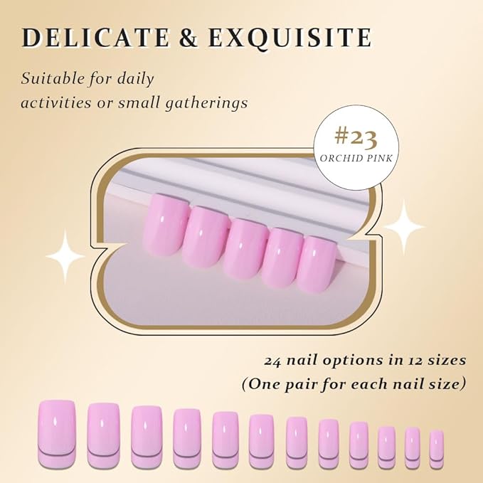 evpct Orchid Pink Short Square Glossy Press on Nails for Women Gift, Glossy Orchid Pink Fake Nail with Kits Manicure Kit, Soft Gel Full Cover Reusable Stick on Acrylic False Nails Perfectly Fit