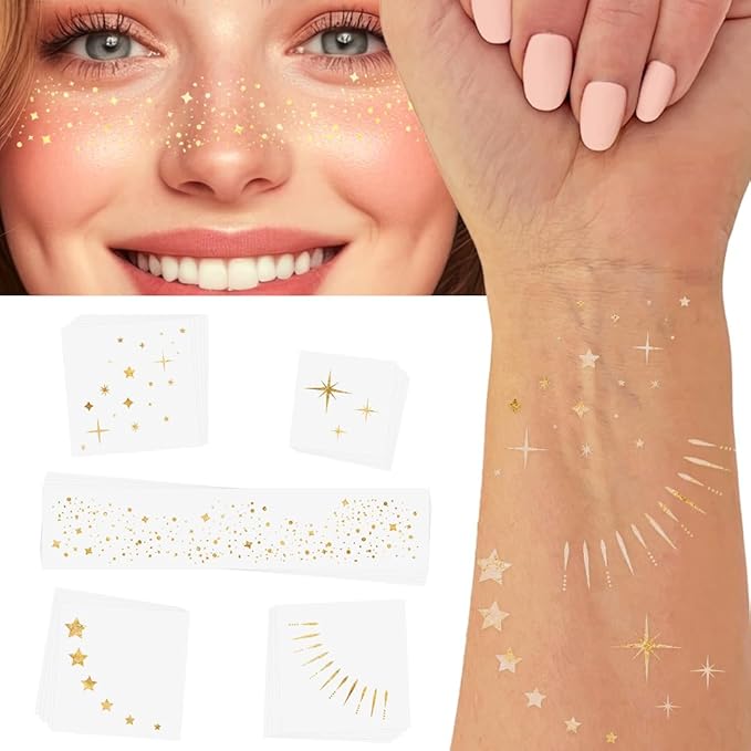 TWINKLING LIGHTS VARIETY SET of 25 assorted premium waterproof metallic gold jewelry temporary foil face Flash Tattoos, face sparkle, face glitter, metallic tattoo, eye jewel, New Years Eve