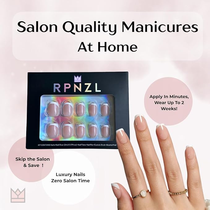 RPNZL Press On Nails - Frenchie Kiss | Classic French Manicure, UV Finish Square Nails, Reusable, Salon Quality | 32 Nails, 16 Sizes Kit with Glue and Adhesive Tabs