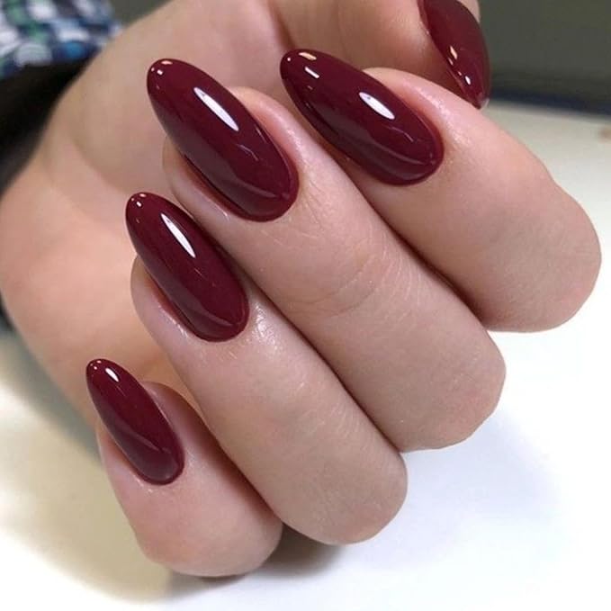 Modelones Dark Red Press on Nails Almond, Valentines Short Almond Fake Nails, Reusable Nail Kit with Nail Glue Adhesive Tabs Mini Nail File, Nails Press Ons 32Pcs16 Sizes, Women Girl Gift
