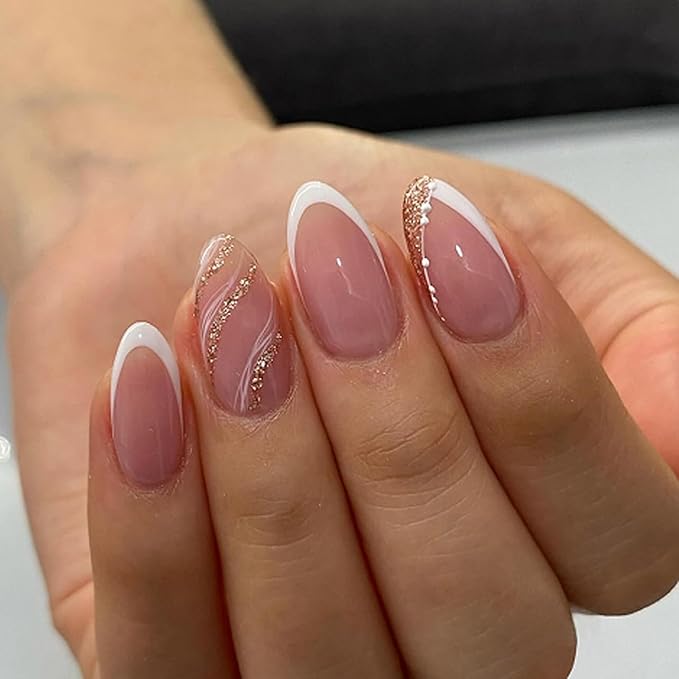 XZMeiLun White French Tip Press On Nails Short Almond, Rose Gold Tip Designer Reusable Acrylic Fake Nails with Glue On Nails, Glossy Soft Gel Nails Wedding and Party, Stick On Nails for Women Gift