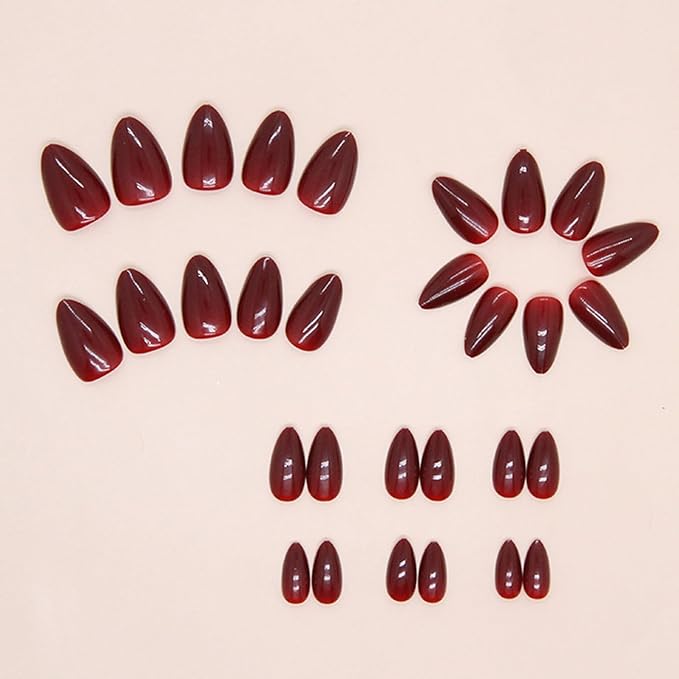 JONKASIPA French Pointed Almond Fake Nails, Reusable Nail Sets, Red Fake Nails, Press On Nails for Women