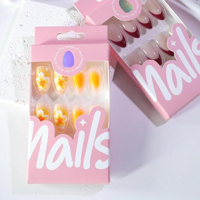 24pcs Yellow Press on Nails Medium Almond Fake Nails 3D Flower Nail Art with Short Almond-Shaped French Nails, for Women and Girls Graduation Balls Parties Dates Wear
