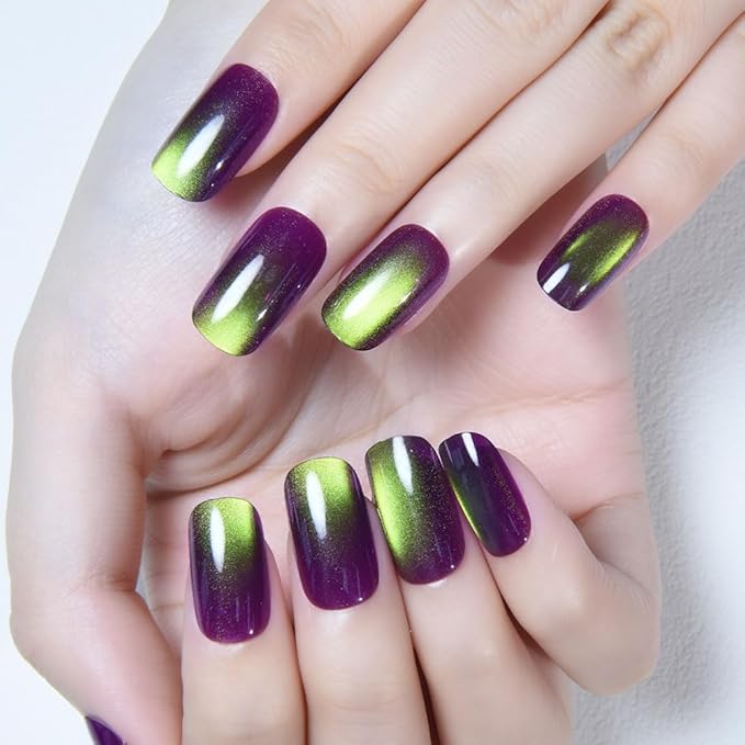 evpct Dark Grape Purple Green Metallic Cat Eye Press on Nails Square Medium, Stick on Nails Medium Length Square for Women, Metallic Nail press ons, Iridescent Glitter Acrylic Fake Press on Nail
