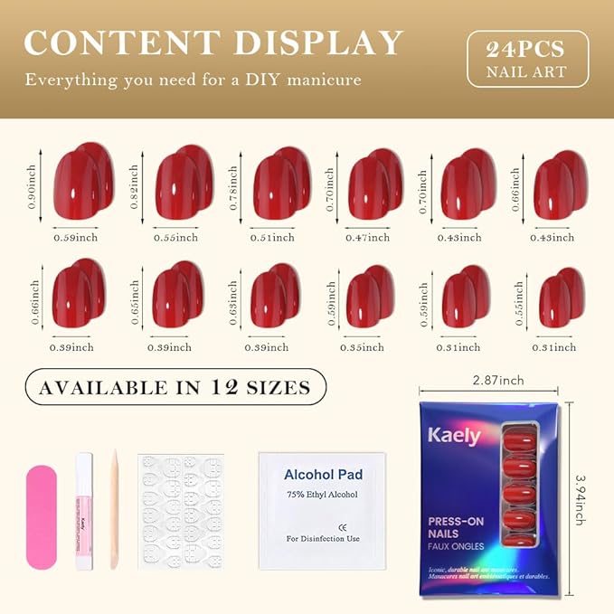evpct Red Medium Oval Glossy Press on Nails for Women Gift, Glossy Red Fake Nail with Nail Kit Manicure Kit, Soft Gel Full Cover Reusable Stick on Soft Acrylic False Nails Perfectly Fit