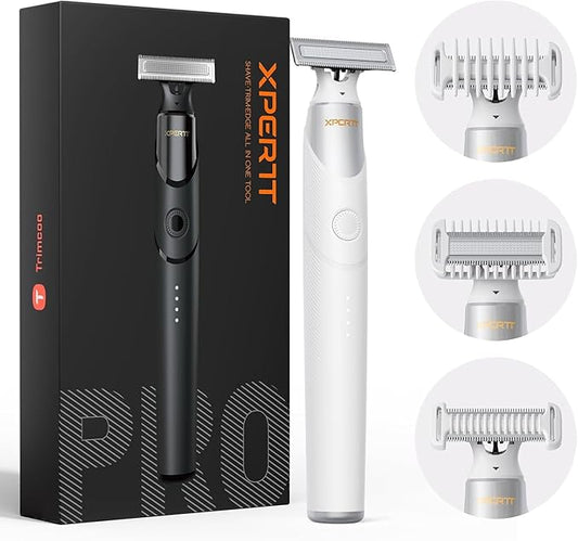 Trimcoo Electric Groin & Body Hair Trimmer - Painless Beard Razor for Men, All-in-One Body Groomer, Waterproof Wet/Dry Men's Ball Shaver with Magnetic Head, USB-C Charging, Easy Claen, White(Lite)