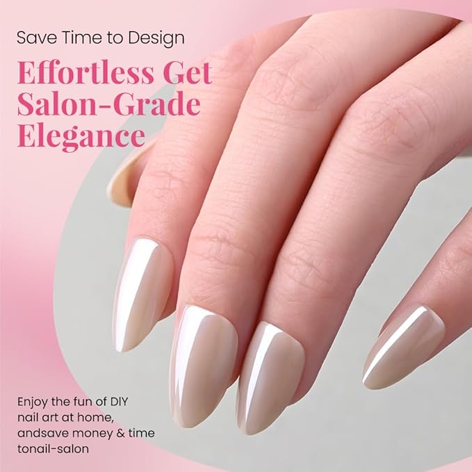 Press on Nails Short Almond - Nude Beige Chrome Glazed Glossy Press on Nail Tips Stick on Nails with Nail Kit for Gift, Reusable Stick On Nails in 15 Sizes 30 Full Cover Acrylic Soft Gel Fake Nail Kit