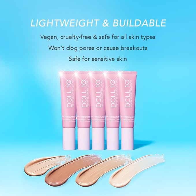 Doll 10 TCE Liquid Filter – CC Cream - Liquid Foundation - Lightweight Tinted Moisturizer & Skin Tint - Blurs Pores & Fine Lines - Vegan - Clean Makeup - [Medium] - 30 Day Supply