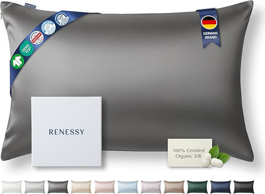 RENESSY Premium Silk Pillowcase 100% Organic Mulberry Silk, 22 Momme, Grade 6A - Oeko-Tex Certified in Germany - Luxury for Hair & Skin, 1 Piece (Standard Size 20x26 Inches, Graphite Grey)