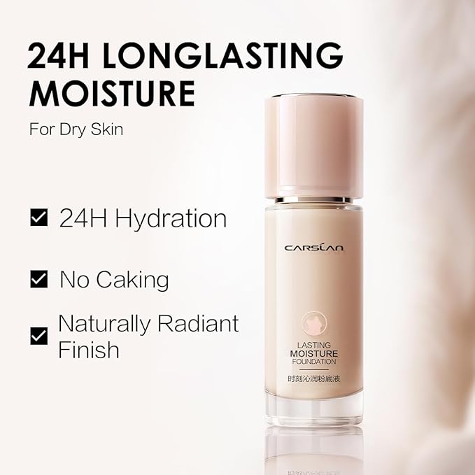 CARSLAN Lasting Moisture Foundation, 24H Longlasting Medium Coverage Dewy Finish Face Makeup, Poreless, Lightweight, Hydrating Liquid Foundation For Dry Skin, M01