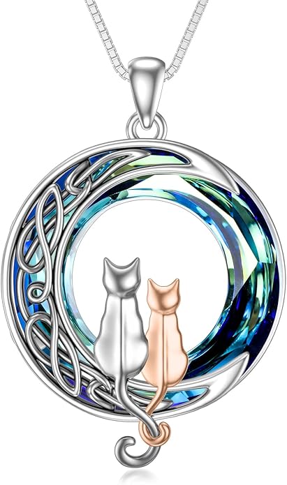 TOUPOP Cat Gifts for Cat Lovers One Two Three Four Cats Necklace Sterling Silver Cats on the Moon Pendant Necklace with Blue Circle Crystal Birthday Christmas Celtic Jewelry Gifts for Women