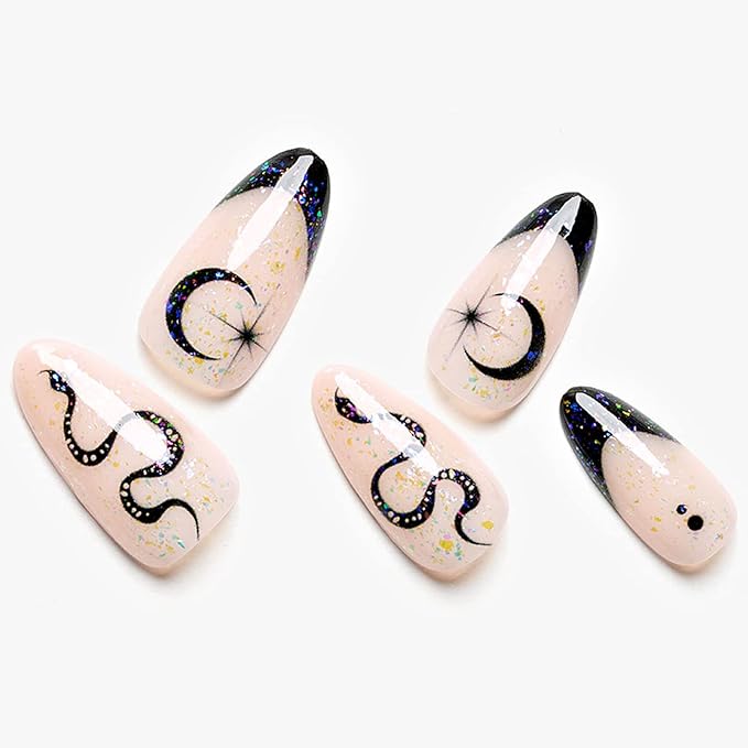 GLAMERMAID White Press on Nail Medium Almond, Natural White Crush Nail, Stiletto Fake Nail with Glitter Snake Design, Short Oval Stick Glue on Nail Tips for Women, Reusable Acrylic False Nail Kit