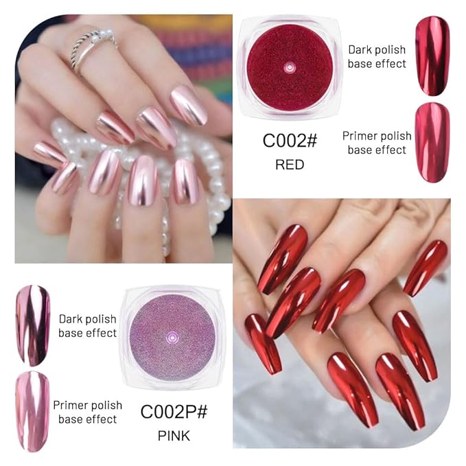 evpct 2Pcs Red Rose Gold Metallic Mirror Effect Chrome Nail Powder Kit for Nails Polish Rainbow Holographic Iridescent Chameleon Neon Nails Pigment Mirror Chrome Nail Powder for Gel Nails Glitter