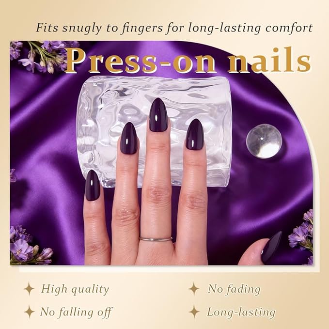 evpct Dark Purple Press on Nails Short Almond, Glossy Eggplant Purple Fake Nail for Women Gift with Kits, Salon Quality Soft Gel Stick on False Acrylic Nails Reusable Full Cover with Manicure Kit