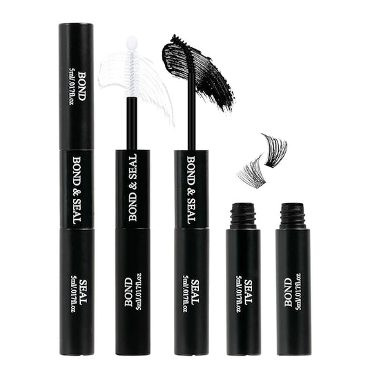 Bond and Seal Lash Glue 10ml Eyelash Cluster Glue Dual-Ended Tube, Black Lash Bond & Clear Eyelash Seal Strong Hold Waterproof Sweatproof – Gentle Formula, Long-Lasting Eyelash Glue for Cluster Lashes