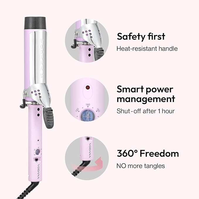 VODANA Professional GlamWave Ceramic Curling Iron, Long-Lasting Natural Curls, Instant Heat, Hair Curler, Curling Wand, Available in USA (1.6 inch, Lavender)