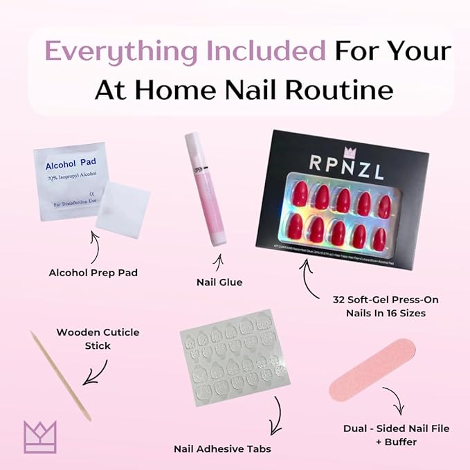 RPNZL Press On Nails - Cherry Bomb | Opaque Bright Red Medium Almond Fake Nails, Salon Quality - 32 Nails, 16 Sizes Kit with Glue and Adhesive Tabs I Female Founded
