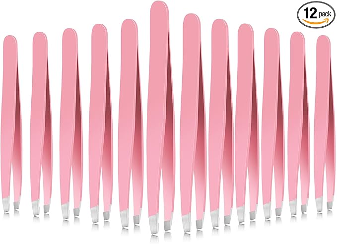 Mudder 12 Pcs Eyebrow Tweezers Set for Facial Hair Stainless Steel Slanted Tip Tweezers in Bulk for Men and Women (Pink)