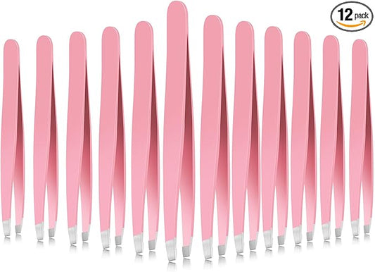 Mudder 12 Pcs Eyebrow Tweezers Set for Facial Hair Stainless Steel Slanted Tip Tweezers in Bulk for Men and Women (Pink)