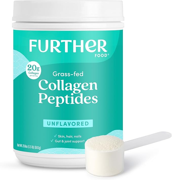 Further Food Unflavored Collagen Peptides Powder - 100% Grass-Fed, Hydrolyzed Type 1 & 3, 20g of Collagen per Serving, Supports Skin, Hair, Nails & Joints, 1.5 lb