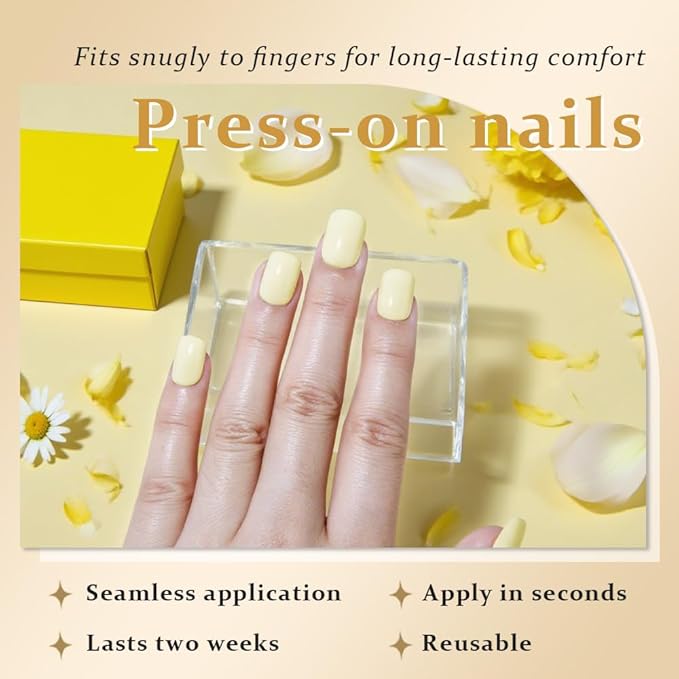 evpct Pale Yellow Glossy Press on Nails Short Square, Glossy Yellow Fake Nails Summer Reusable, Acrylic False Nail Stick on Press ons for Women Gifts, Perfectly Fit False Nail Kit with Kits 30Pcs