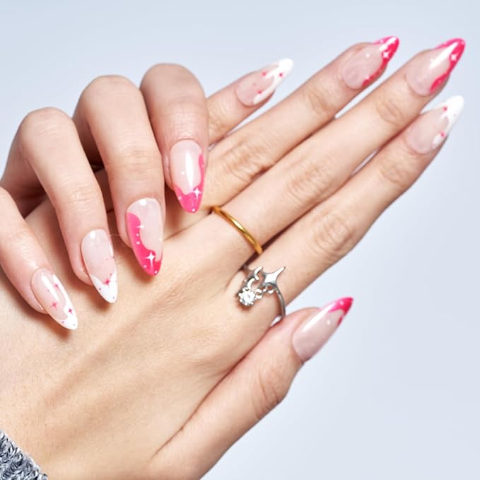 GLAMERMAID Hot Pink French Tip Press on Nails Medium Almond, Nude Jelly Gel Gothic Stiletto False Glue on Nails with Star Desgin for Women, Reusable Short Oval Stick on Acrylic Fake Nail Manicure Set