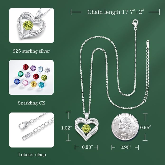 CDE Forever Love Heart Necklaces for Women, Wedding Anniversary, Birthday Mothers Day Christmas Day Gifts for Mom, Mother, Wife, friend, S925 Silver Jewelry with Birthstone Pendant