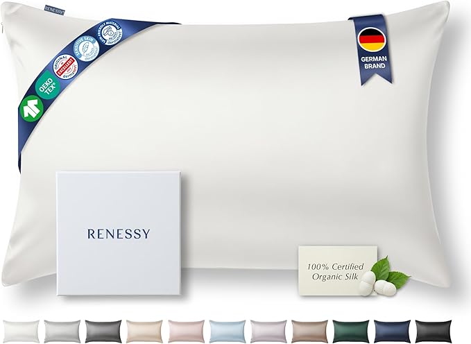 RENESSY Premium Silk Pillowcase 100% Organic Mulberry Silk, 22 Momme, Grade 6A - Oeko-Tex Certified in Germany - Luxury for Hair & Skin, 1 Piece (Queen Size 20x30 Inches, White)