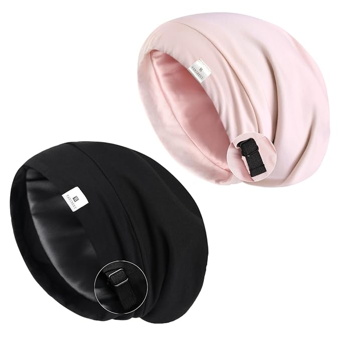 YANIBEST 2 Pcs Silk Satin Hair Cover Sleep Cap - Adjustable Slouchy Beanie Hat for Women