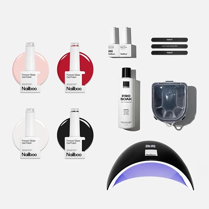 Nailboo Gel Nail Polish Kit with UV Lamp - 4 Forever Glaze Gel Polishes, Acetone Remover, Soak Bowl, Base Coat, 3 Nail Files, No Wipe Top Coat, Glossy, Chip Free Nails at Home