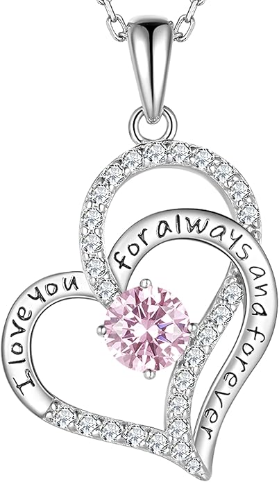 LynChoe Birthday Gifts Double Heart Birthstone Necklace for Women, S925 Sterling Silver Pendant Necklace Jewelry for Her Mother Mom Wife Girlfriend