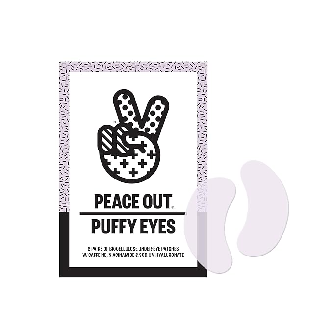 PEACE OUT Skincare Puffy Eyes Under Eye Patches, Biocellulose Eye Masks with Caffeine and Niacinamide for Under Eye Puffiness and Tired Eyes, 6 Pairs