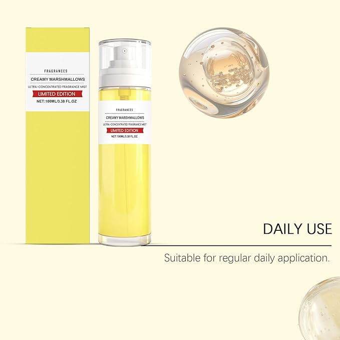 Creamy Marshmallow Fragrance Mist for Women, Sweet Vanilla Scented Body & Hair Spray, Long-Lasting Perfume Mist, Mood Boosting Gentle Formula, Travel Size Portable,100ml
