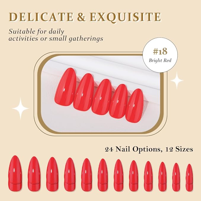 evpct Bright Red Medium Almond Glossy Press on Nails for Women Gift, Glossy Bright Red Fake Nail with Kits Manicure Kit, Soft Gel Full Cover Reusable Stick on Soft Acrylic False Nails Perfectly Fit