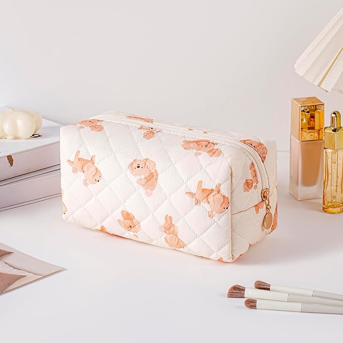 Cute Floral Makeup Bag Small Cotton Quilted Cosmetic Bag, Aesthetic Essential Bag Emergency Bag Gift for Women Girls Travel Accessories (Dog)