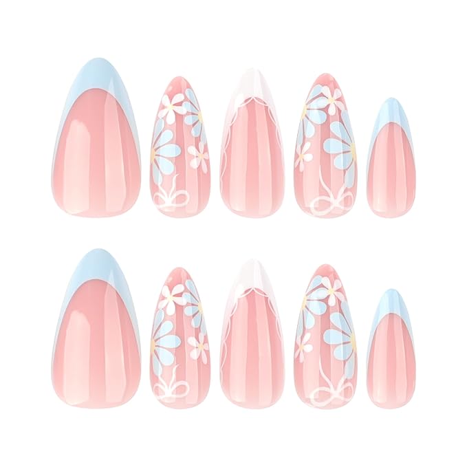 XZMeiLun French Tip Press On Nails Spring Summer Acrylic Nails for Women - Blue Flower Designer Fake Nails Short Almond 24Pcs, Outdoor Picnic/Wedding/Party Reusable Glue On Stick On Nails