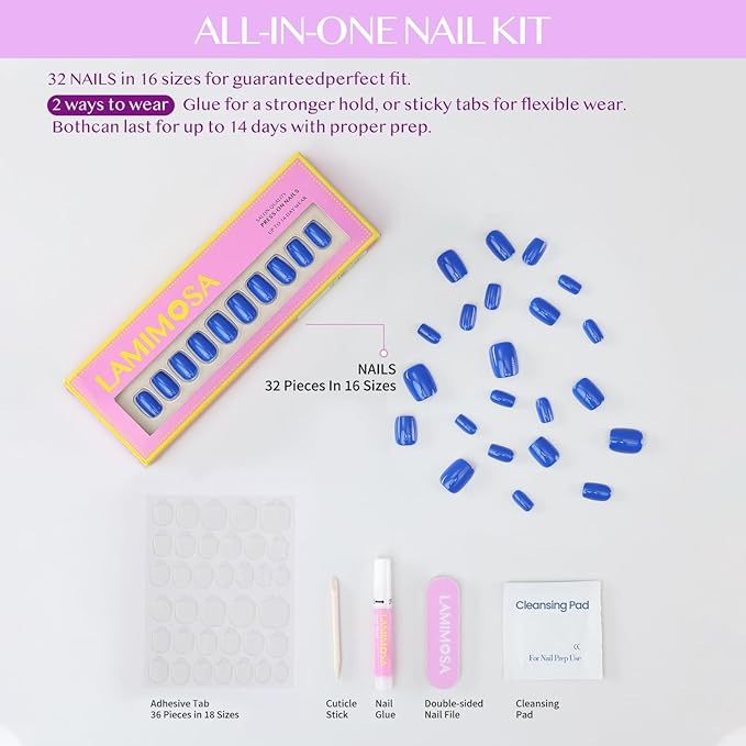 LAMIMOSA 32Pcs Blue Press On Nails Short Square - Soft Gel Fake Nails in 16 Sizes, Reusable Glue on Nails Kit, MAJORELLE BLUE