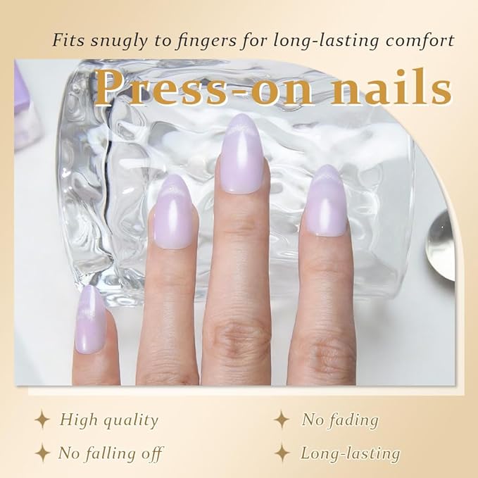 Cat Eye Press on Nails Short Almond - Light Purple & Nude Pink Shimmer Glossy French Tip Press on Nails for Gift, Soft Gel Press Stick on Nail with Nail Kit, Full Cover Reusable Acrylic Fake Nails Kit