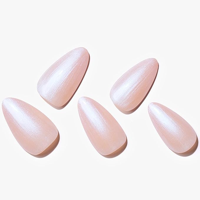 GLAMERMAID Press on Nails Medium Almond, Spring Handmade Shimmer White Pearl Gel Glue on Nail, Glossy Short Stiletto Reusable Pink Fake Nails Acrylic False Nails Manicure Kits for Women