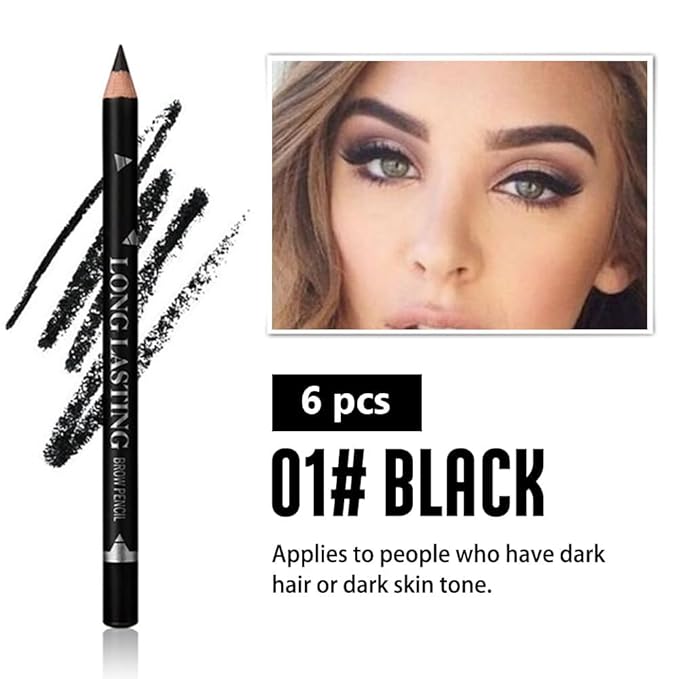 Black Eyebrow Pencils for Women with Sharpener, 6Pcs Hard-Core Wooden Eye Brow Eye Liner Pencils for Beginner Makeup, Waterproof & Sweat-Proof