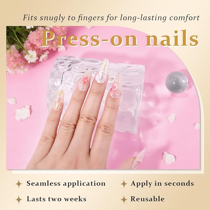 evpct 3D Pearl Pink Green Handmade Press On Nails Almond Medium, 3D Flower Design Fake Nails Rusable for Spring & Summer Daily Wear, False Acrylic Nail with Kits Press ons Nail for Women Gift, 24Pcs