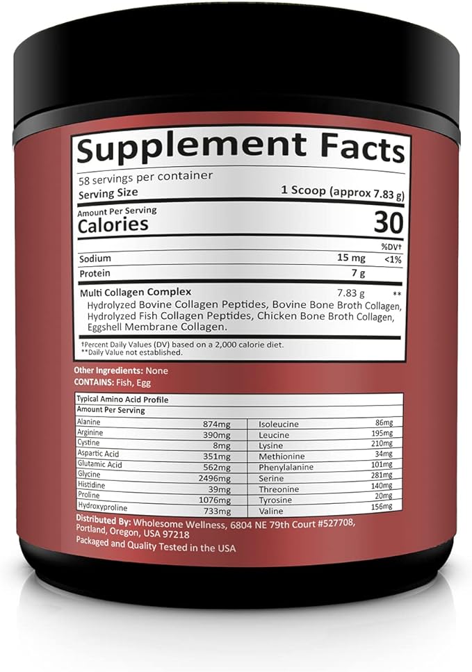 Wholesome Wellness Premium Multi Collagen Peptides Powder for Women and Men | 5 Types of Hydrolyzed Collagen | Grass-Fed, Non-GMO & Unflavored | Pure Protein for Youthful Skin & Joint Recovery