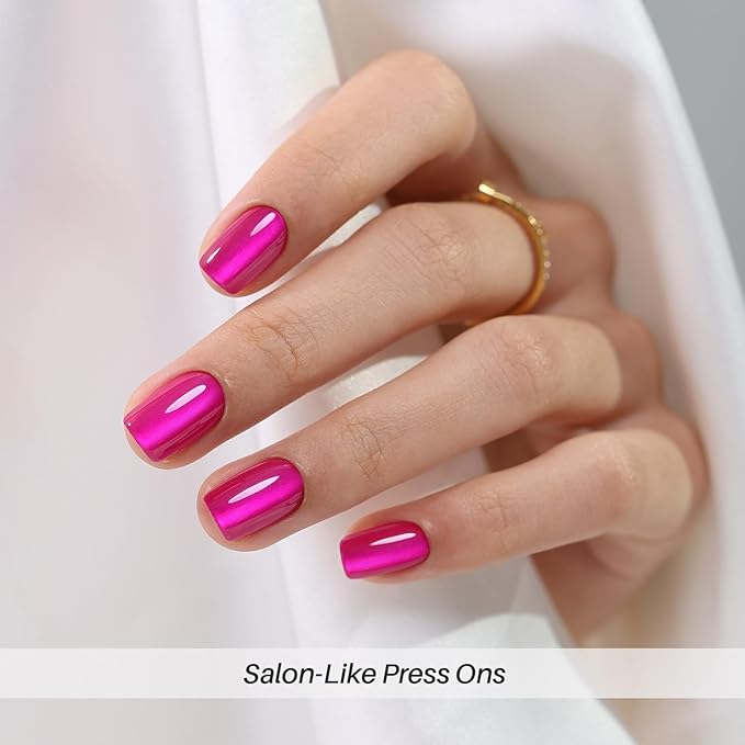 SHANGMENG Hot Pink Press on Nails Short - Cat Eye Press on Nails Square for Women Gift, Natural Fit & Glossy Stick on Nails in 16 Sizes - 32 Reusable Soft Gel Fake Nails with Glue, Hot Pink