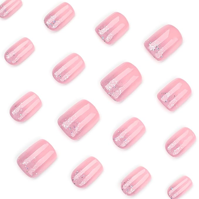 XZMeiLun Pink Flash Press On Nails Short Square, Glitter Ombre Design False Nails Short, Reusable Thick Acrylic Gel Stick On Fake Nails with Glue For Women, Salon Quality Nail Kit, Gift for Woman